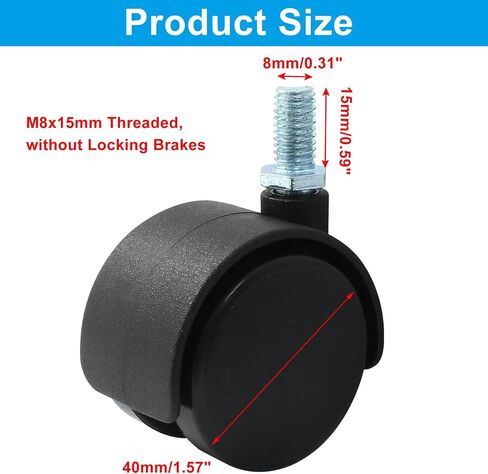 4 Pcs 1.5 Inch Black Plastic Swivel Caster Wheels,M8 Threaded Stem Caster Wheels Replacement for Chair Furniture (with Locking Brakes,M8 x 20mm Threaded) in Saudi Arabia