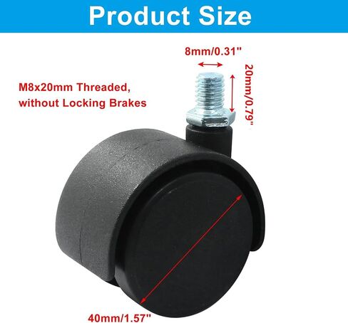 4 Pcs 1.5 Inch Black Plastic Swivel Caster Wheels,M8 Threaded Stem Caster Wheels Replacement for Chair Furniture (with Locking Brakes,M8 x 20mm Threaded) in Saudi Arabia