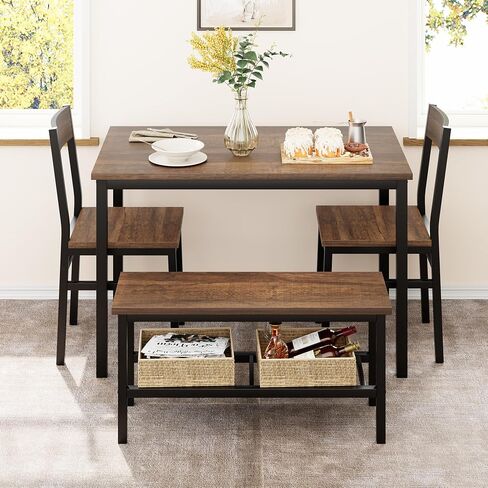 Dining Table Set with Chairs and Bench, Kitchen Table Set for 4, Dining Room Table Set with Storage Racks, Table and Chairs Set for Small Apartment, Kitchen, Dinette Table Set, Grey in Kuwait