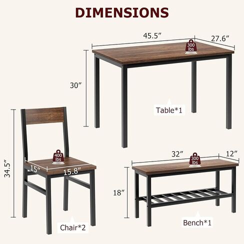 Dining Table Set with Chairs and Bench, Kitchen Table Set for 4, Dining Room Table Set with Storage Racks, Table and Chairs Set for Small Apartment, Kitchen, Dinette Table Set, Grey in Kuwait