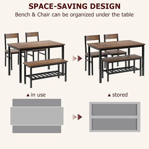 Dining Table Set with Chairs and Bench, Kitchen Table Set for 4, Dining Room Table Set with Storage Racks, Table and Chairs Set for Small Apartment, Kitchen, Dinette Table Set, Grey in Kuwait