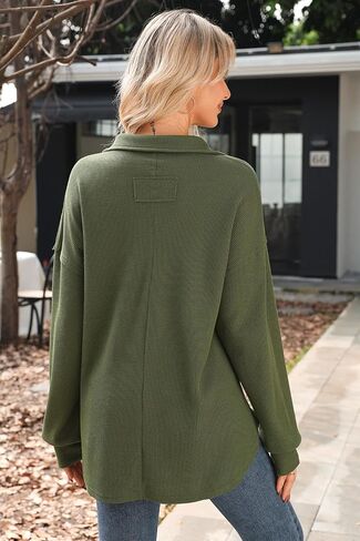 سويت شيرت نسائي كبير الحجم من AlvaQ فضفاض بياقة على شكل V وأكمام طويلة مع طية صدر السترة وياقة وافل متماسكة عالية ومنخفضة in Kuwait