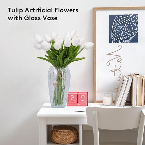 12 Pcs Tulips Artificial Flowers in Vase, Real Touch Tulips with Vase with Upgrate Acrylic Water Flower Arrangements Centerpiece for Dining Room Table Decoration in Saudi Arabia