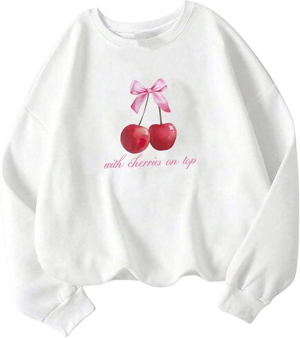 GORGLITTER Women's Cherry Bow Sweatshirt Crewneck Long Sleeve Cute Oversized Pullover Top Fall Fashion Fall Fashion in Saudi Arabia