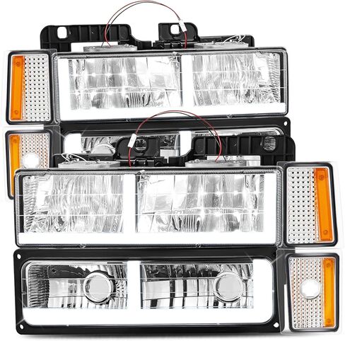 C-Shaped LED DRL Headlights+ Corner/Bumper Lamps Compatible with 1988-1993 Chevy C/K 1500-3500 Suburban CAAP-C1088-8P-LB2-CHAM-HL in Kuwait