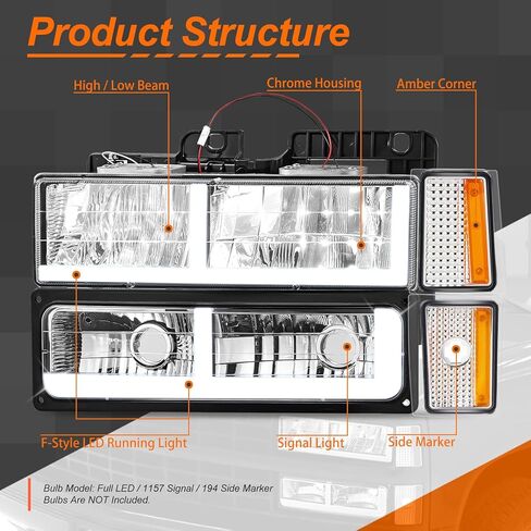 C-Shaped LED DRL Headlights+ Corner/Bumper Lamps Compatible with 1988-1993 Chevy C/K 1500-3500 Suburban CAAP-C1088-8P-LB2-CHAM-HL in Kuwait