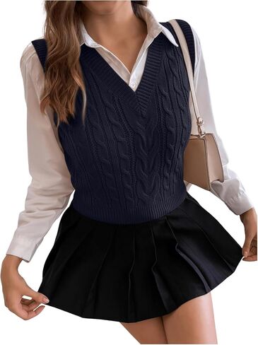 SweatyRocks Women's Sweater Vest V Neck Slim Fit Sleeveless Cable Knit Tops in Saudi Arabia