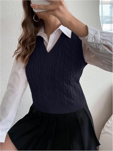 SweatyRocks Women's Sweater Vest V Neck Slim Fit Sleeveless Cable Knit Tops in Saudi Arabia