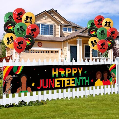 Juneteenth Decorations Banner 72" x 48" Backdrop with 18 Pcs Balloons Happy Juneteenth Independence Day Freedom Photography Background for Indoor Outdoor Garden Yard Juneteenth Party Supplies in Saudi Arabia