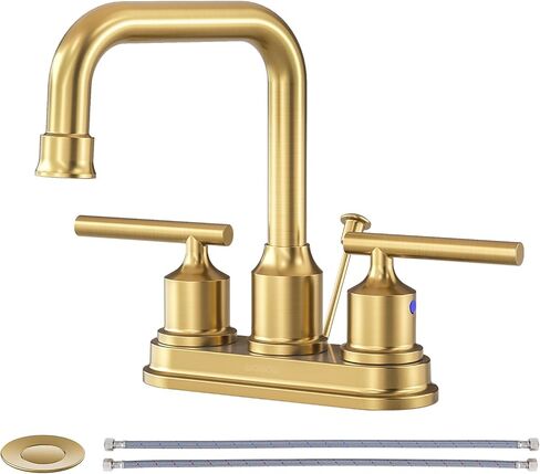 WOWOW Brushed Gold Bathroom Faucet 4 inch Bathroom Sink Faucet 3 Hole RV Bathroom Faucets for Sink 2 Handle Vanity Faucet with Drain Assembly Centerset Lavatory Faucet 360-Degree Swivel Spout in Saudi Arabia
