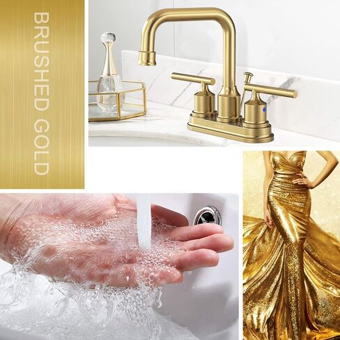 WOWOW Brushed Gold Bathroom Faucet 4 inch Bathroom Sink Faucet 3 Hole RV Bathroom Faucets for Sink 2 Handle Vanity Faucet with Drain Assembly Centerset Lavatory Faucet 360-Degree Swivel Spout in Saudi Arabia