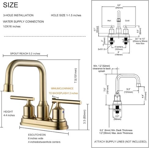 WOWOW Brushed Gold Bathroom Faucet 4 inch Bathroom Sink Faucet 3 Hole RV Bathroom Faucets for Sink 2 Handle Vanity Faucet with Drain Assembly Centerset Lavatory Faucet 360-Degree Swivel Spout in Saudi Arabia