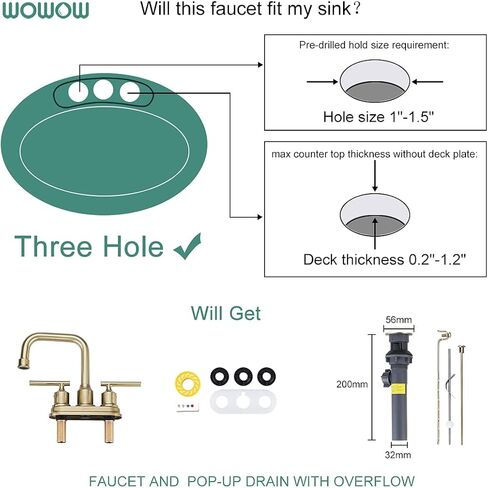 WOWOW Brushed Gold Bathroom Faucet 4 inch Bathroom Sink Faucet 3 Hole RV Bathroom Faucets for Sink 2 Handle Vanity Faucet with Drain Assembly Centerset Lavatory Faucet 360-Degree Swivel Spout in Saudi Arabia