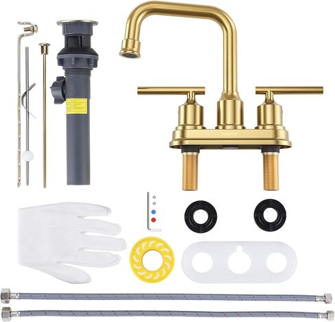 WOWOW Brushed Gold Bathroom Faucet 4 inch Bathroom Sink Faucet 3 Hole RV Bathroom Faucets for Sink 2 Handle Vanity Faucet with Drain Assembly Centerset Lavatory Faucet 360-Degree Swivel Spout in Saudi Arabia