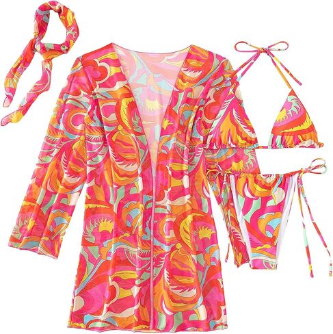 WDIRARA Women's 4 Piece Swimsuits Allover Print Halter Triangle Bikini Bathing Suit with Kimono and Scarf in Kuwait