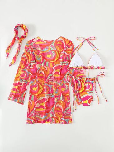 WDIRARA Women's 4 Piece Swimsuits Allover Print Halter Triangle Bikini Bathing Suit with Kimono and Scarf in Kuwait