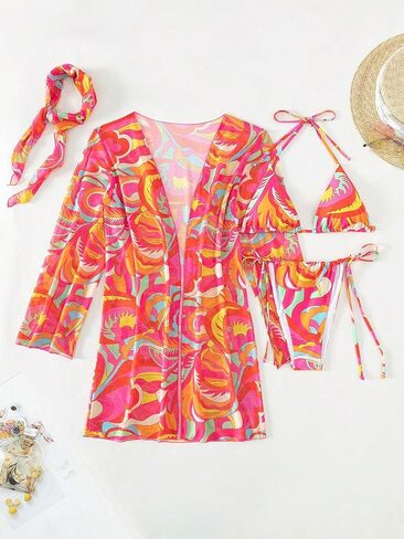 WDIRARA Women's 4 Piece Swimsuits Allover Print Halter Triangle Bikini Bathing Suit with Kimono and Scarf in Kuwait