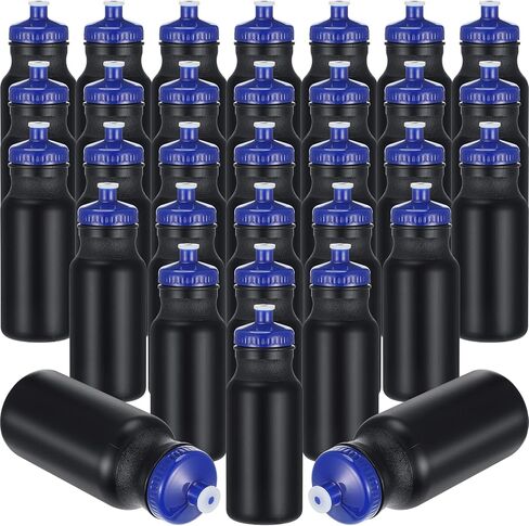 48 قطعة من زجاجات المياه الرياضية القابلة للضغط، 20 أونصة، زجاجة رياضية قابلة لإعادة الاستخدام، خالية من زجاجات المياه البلاستيكية BPA مع فوهة دفع/سحب سهلة الفتح مانعة للتسرب للدراجة، فارغة DIY، أسود (غطاء أزرق) in Kuwait