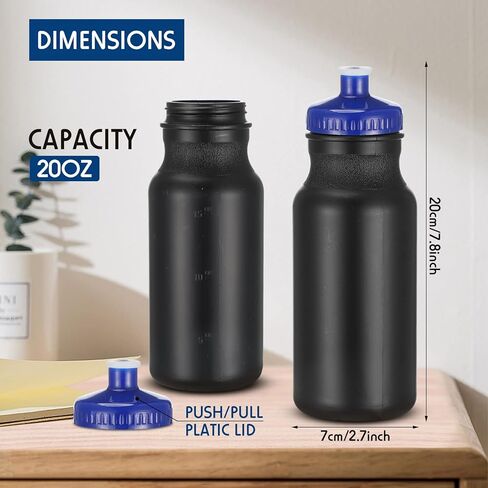 48 قطعة من زجاجات المياه الرياضية القابلة للضغط، 20 أونصة، زجاجة رياضية قابلة لإعادة الاستخدام، خالية من زجاجات المياه البلاستيكية BPA مع فوهة دفع/سحب سهلة الفتح مانعة للتسرب للدراجة، فارغة DIY، أسود (غطاء أزرق) in Kuwait