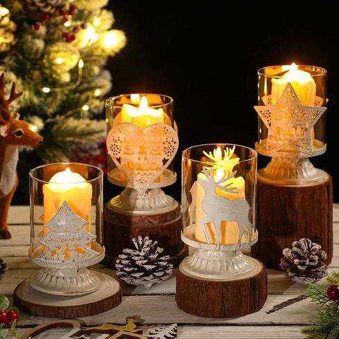 مجموعة Havawish مكونة من 4 حامل شموع على شكل عمود عيد الميلاد، ديكورات طاولة مزرعة ريفية، تصميم معدني أبيض عتيق، حامل شموع زجاجية لعيد الميلاد، حامل شموع على شكل إعصار، قطع مركزية لطاولات الحفلات, 4.72 x 2.95'' in Kuwait