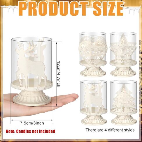 مجموعة Havawish مكونة من 4 حامل شموع على شكل عمود عيد الميلاد، ديكورات طاولة مزرعة ريفية، تصميم معدني أبيض عتيق، حامل شموع زجاجية لعيد الميلاد، حامل شموع على شكل إعصار، قطع مركزية لطاولات الحفلات, 4.72 x 2.95'' in Kuwait