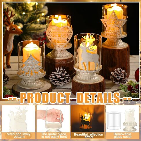 مجموعة Havawish مكونة من 4 حامل شموع على شكل عمود عيد الميلاد، ديكورات طاولة مزرعة ريفية، تصميم معدني أبيض عتيق، حامل شموع زجاجية لعيد الميلاد، حامل شموع على شكل إعصار، قطع مركزية لطاولات الحفلات, 4.72 x 2.95'' in Kuwait