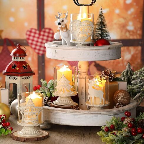 مجموعة Havawish مكونة من 4 حامل شموع على شكل عمود عيد الميلاد، ديكورات طاولة مزرعة ريفية، تصميم معدني أبيض عتيق، حامل شموع زجاجية لعيد الميلاد، حامل شموع على شكل إعصار، قطع مركزية لطاولات الحفلات, 4.72 x 2.95'' in Kuwait