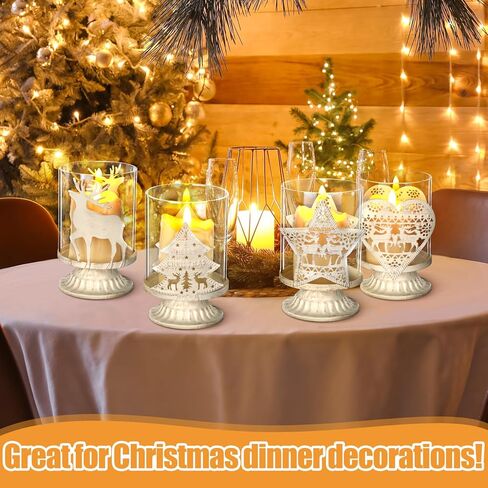 مجموعة Havawish مكونة من 4 حامل شموع على شكل عمود عيد الميلاد، ديكورات طاولة مزرعة ريفية، تصميم معدني أبيض عتيق، حامل شموع زجاجية لعيد الميلاد، حامل شموع على شكل إعصار، قطع مركزية لطاولات الحفلات, 4.72 x 2.95'' in Kuwait