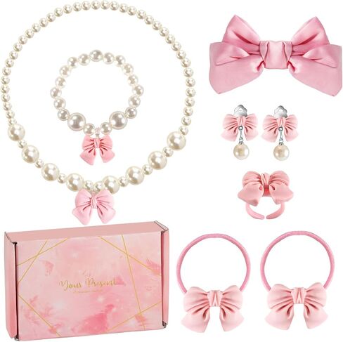 Handmade Bow Pearl Kids Jewelry for Little Girls Toddler Set of 8 pcs - Hair Bows Clips Ties - Stretch Necklace Bracelets Rings and Clip on Earrings - Cute Princess Dress Up Gifts in Saudi Arabia