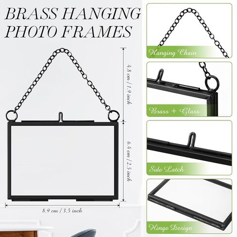 Thyle 8 Pieces 3.5 x 2.5 Inch Glass Frame for DIY Pressed Flowers Art, Brass Hanging Photo Frame Clear DIY Pressed Flower Wall Art with Chain Floating Glass Frame Dried Flower Frame for Display in Saudi Arabia