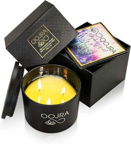 شمعة معطرة بزيت الصويا العطري، كبيرة 3 فتائل مع غطاء وصندوق هدايا 13oz معطرة باللافندر الفرنسي (+ خيارات رائحة أخرى) من Oojra in Saudi Arabia