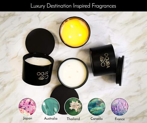شمعة معطرة بزيت الصويا العطري، كبيرة 3 فتائل مع غطاء وصندوق هدايا 13oz معطرة باللافندر الفرنسي (+ خيارات رائحة أخرى) من Oojra in Saudi Arabia