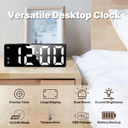 Digital Alarm Clock, 2024 Large LED Display Alarm Clock for Bedroom, USB/Battery Powered Digital Clock, Brightness Adjustment, Dual Power Supply, 12/24H in Saudi Arabia