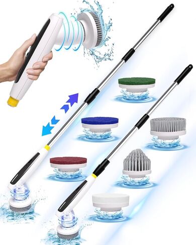 Electric Spin Scrubber, 2024 New Super Quiet Power Cleaning Brush for Bathroom Floor Tile with Long Handle, Cordless Shower Brush with 7 Replaceable Brush Heads, 120Mins Work Time, Dual Speeds in Saudi Arabia