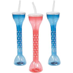 Fun Express Set of 6 Pieces Patriotic USA Yard Glasses, Each Holds 20 oz, BPA Free Plastic, Fourth of July Party Supplies, Blue & Red