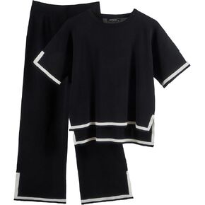 Gothden Womens Knit 2 Piece Sweater Sets Short Sleeve Pullover Tops Elastic Waist Wide Leg Pants Lounge Set
