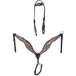 CHALLENGER Horse Horse Western Floral Tooled One Ear Bridle & Breast Collar Set Black 78FK08A