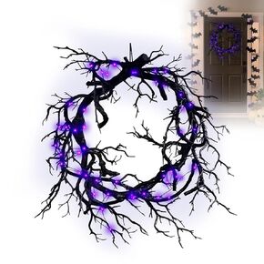 Halloween Black Branch Wreaths for Front Door with Purple Lights, Halloween Horror Wreath Spooky Halloween Hanging Sign Decorations Outdoor Indoor (Purple light, 18inch branch)