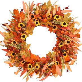 KHOYIME Fall Wreath for Front Door Porch Decor 20 Inch Artificial Autumn Wreaths with Pumpkin Flower Maple Leaves Berries Indoor Outdoor Home Wall Hanging Decoration for Thanksgiving Halloween Harvest
