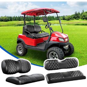 NOKINS Golf Cart Diamond Front&Rear Seat Covers Kit, Front Seat Covers Fits Club Car Precedent/Tempo/Onward Premium Seat Cushion, Rear Seat Covers Fits Aftermarket Regular Cushion (Black&Black Stitch)