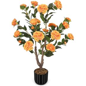 Artificial Camellia Tree for Indoor and Outdoor, Faux Flower Tree Plant in Pot Fake Topiaries for Home Front Porch Decor (2, Orange)