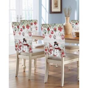 Christmas Chair Covers, Snowman Sliver Pine Tree Balls Christmas Chair Back Covers Set of 4 Vintage Wood Grain Washable Removable Chair Slipcovers for Xmas Holiday Festival Party Decoration