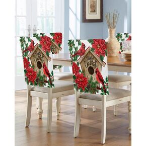Christmas Cardinal Birds and Wooden House Chair Back Cover for Dining Room Set of 6 Red Poinsettia Green Leaf Kitchen Chair Protecter Slipcovers for Holiday Party,Weeding,Banquet,Events