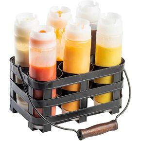 Tablecraft Forge Collection Condiment Caddy, Galvanized Black Steel Table Caddy with Mango Wood Handles, Rectangular Condiment Holder for (6) 63mm Bottles, Ideal for Professional Chefs and Restaurants