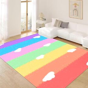 Children's Carpet Girl's Bedroom Rainbow Carpet Living Room Area Rugs Soft Washable Non-Slip Rugs Simple Lovely Rainbow White Cloud Print Children's Room Nursery Decoration Beige 3x4ft