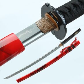Sword Handmade Full Tang Clay Tempered 1095 T10 High Carbon Steel 40.6 inch Japanese Katana Real Hamon Samurai Kendo Dull Treasure Wakizashi Red Black Blue Razor Sharp Swords
