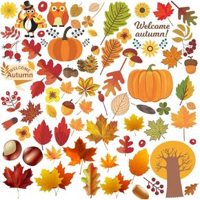 Kalolary 6 Sheets Fall Leaves Window Clings Decals Maple Leaves Acorns Pumpkin Window Stickers for Thanksgiving Halloween Holiday Window Glass Decoration