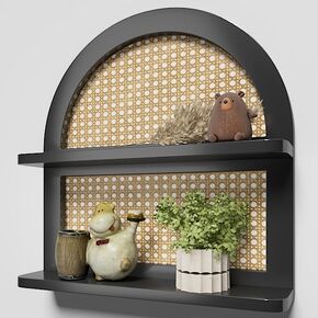 Wood Boho Rattan Wall Shelf - 2-Tier Arched Wicker Floating Shelf Natural Wood New Boho Shelf, Rustic Farmhouse Nursery Decor Shelves Wall Mounted, Neutral Handcrafted (16''l Natural Rattan Shelf)