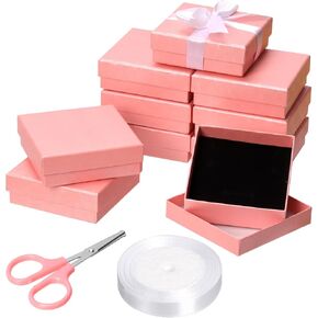 12Pcs 3.5 x 3.5 x 1 Inch Pink Cardboard Jewelry Boxes Square Jewelry Gift Boxes Velvet Sponge Liner Jewelry Case with Scissors and Polyester Ribbon for Necklace Earring Bracelet