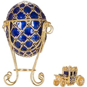 danila-souvenirs Faberge style Imperial Coronation Egg/Trinket Jewel Box with carriage 7.6'' (19 cm) blue